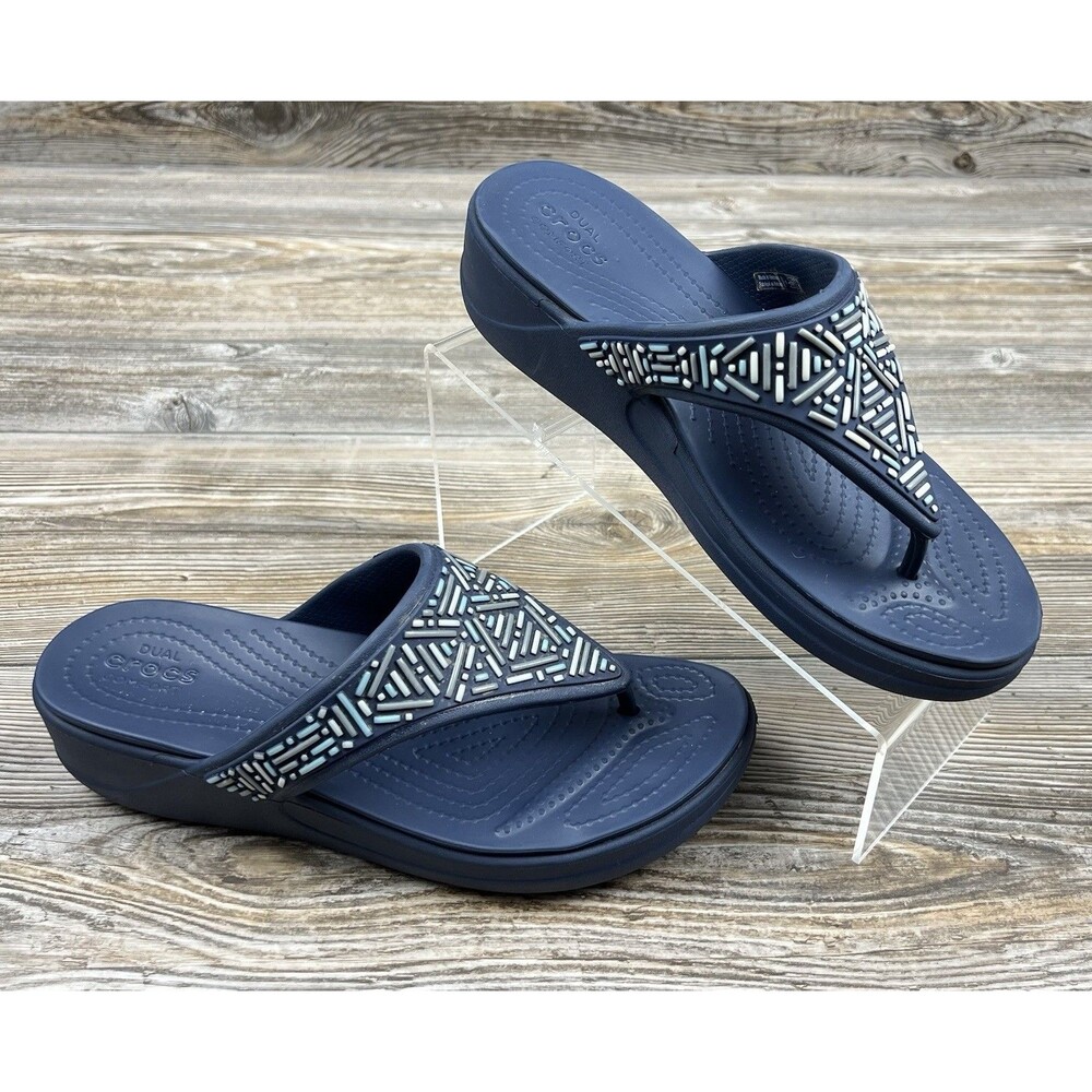 Crocs Womens Sizeโ 9 Monterey Diamante Wedge Sandals Navy Blue Slides Slip On